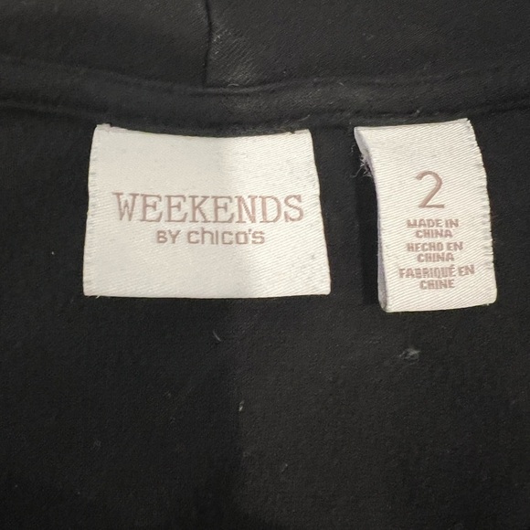 Weekends by Chico’s Black Open Front Cardigan Faux Leather Trim Size 2 (L) - Picture 3 of 6